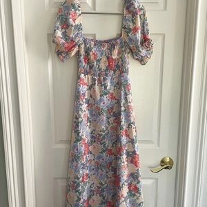 Astr Multicolor Floral Midi Dress with Puff Sleeves